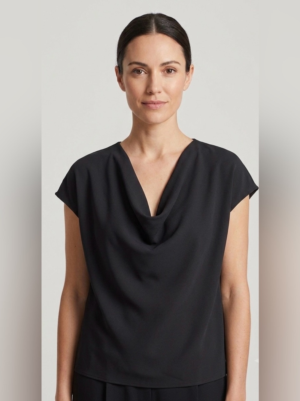 Vince Cowl Neck Cap Sleeve Blouse Black Minimalist Draped Pullover Top Size L